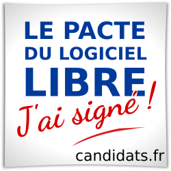 Bouton avec « Le pacte du logiciel libre » écrit en bleu, « J'ai signé » écrit en rouge et l'url du site candidats.fr