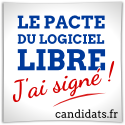 Bouton avec « Le pacte du logiciel libre » écrit en bleu, « J'ai signé » écrit en rouge et l'url du site candidats.fr